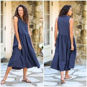 Frank & Eileen Daphne Popover Sleeveless Shirtdress In Navy Linen Size XXS